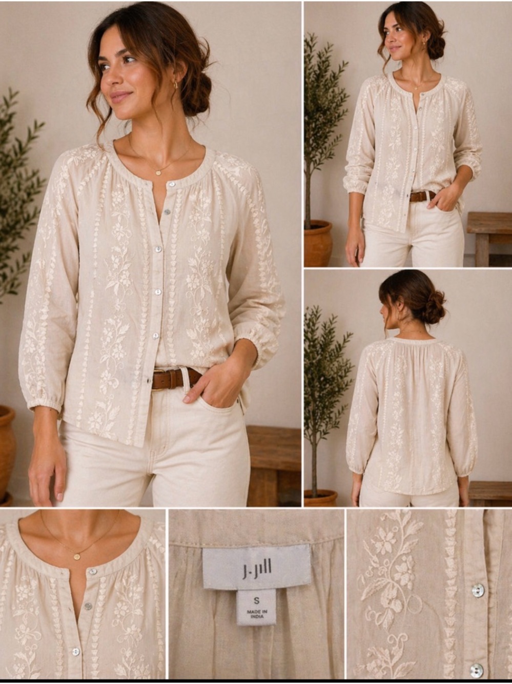 J.Jill Embroidered Button Front Blouse Women’s Small Beige Boho Lightweight Top